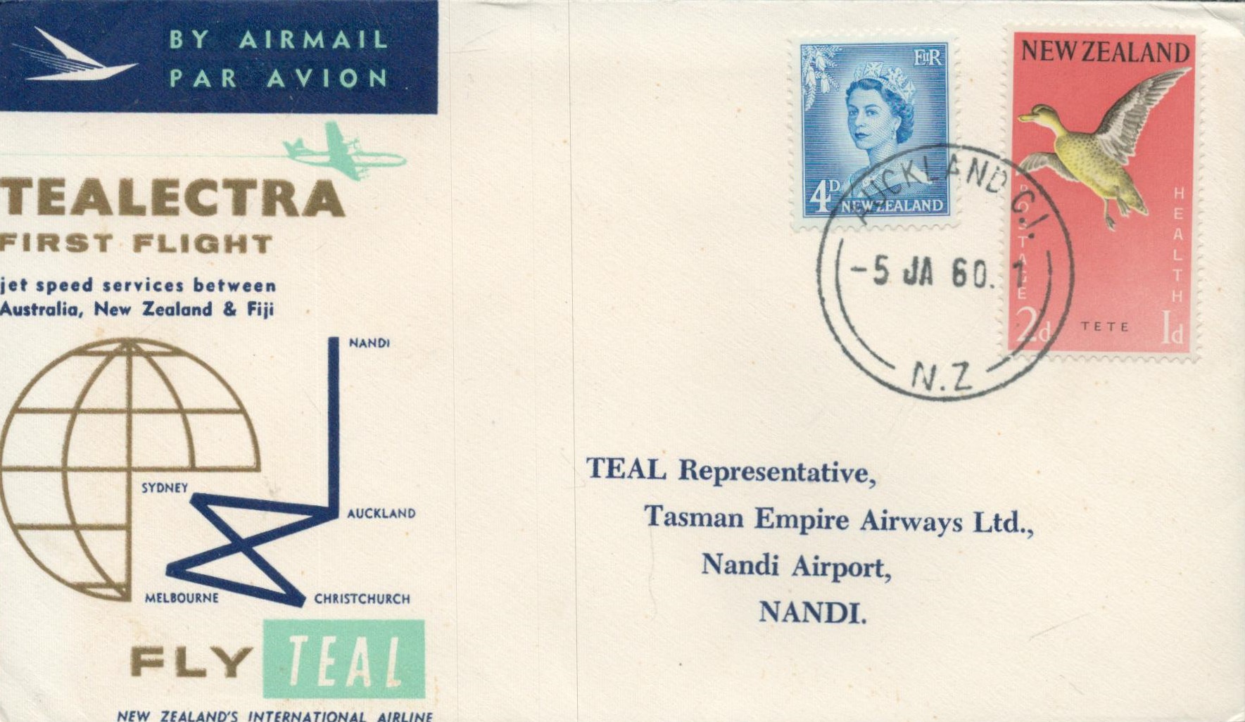 Aviation 1960 Tealectra first flight illustrated cover Australia. New Zealand and Fiji. 4d, 2d New