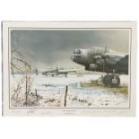WW2 617 sqn Dambuster Tirpitz veterans multiple signed Prints Snowbound Lancaster by Robin Smith.