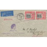 Aviation 1941 first flight Suva to USA Fiji Airmail cover, 2 x 1/5 red stamps cachets and Los