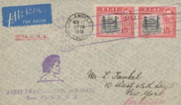 Aviation 1941 first flight Suva to USA Fiji Airmail cover, 2 x 1/5 red stamps cachets and Los