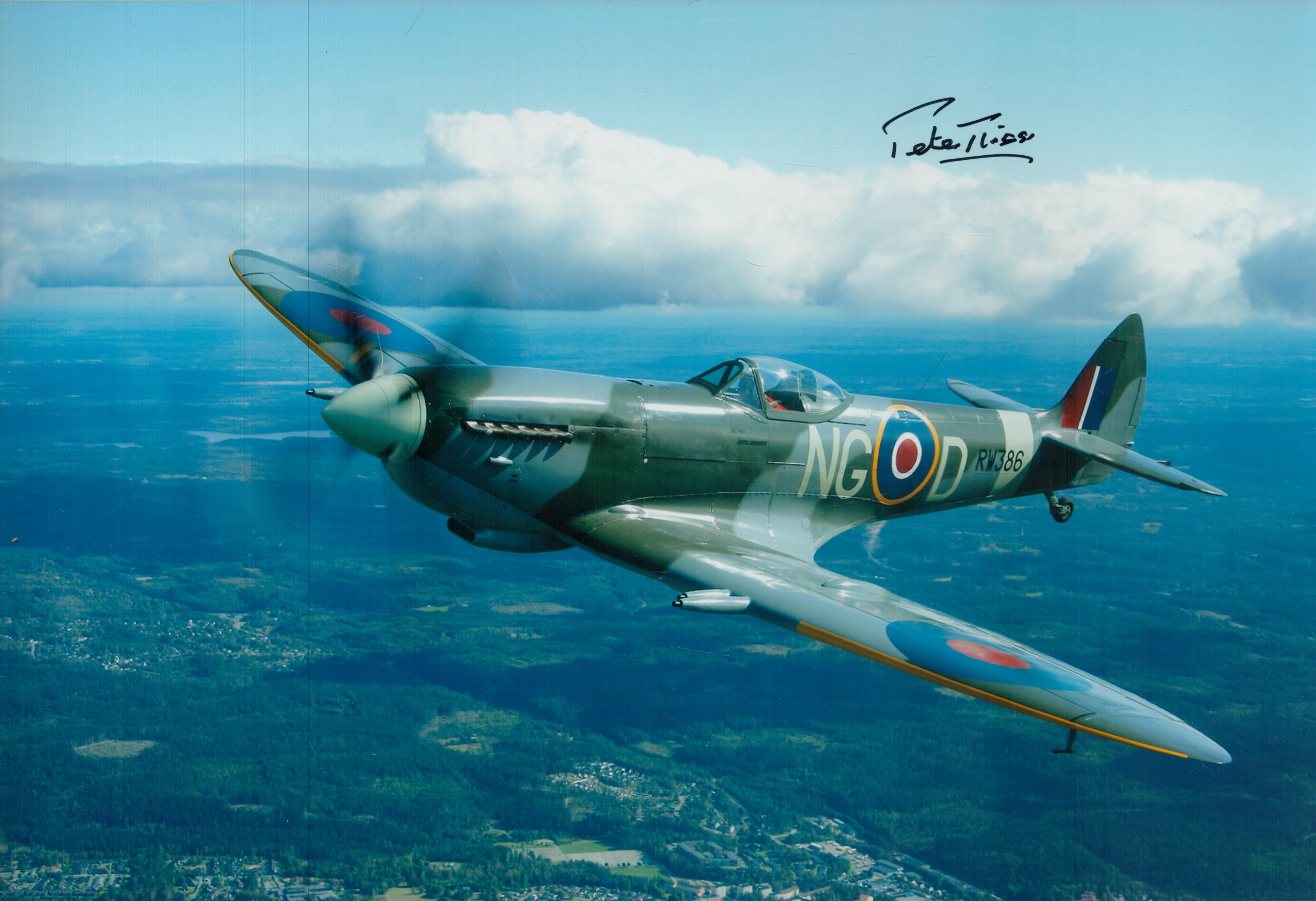 Peter Twiss DSC WW2 RAF Test pilot speed record holder signed Hurricane photo. 12 x 8 colour hand