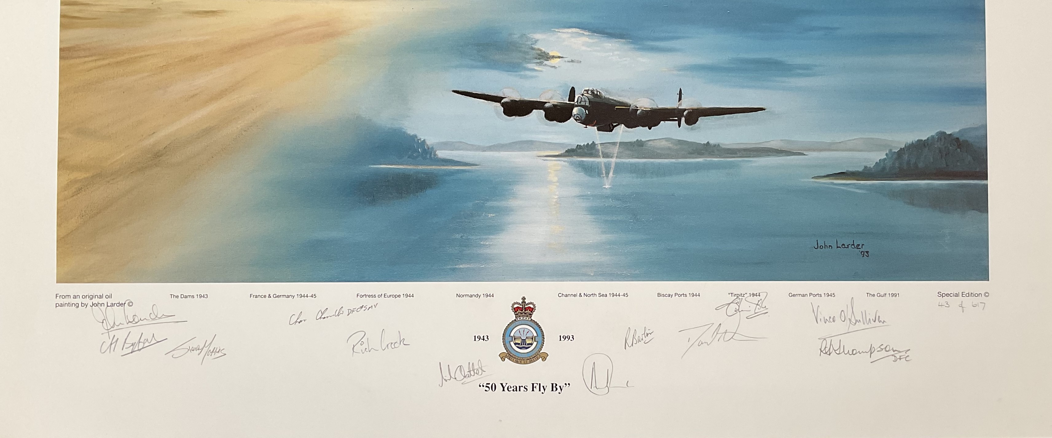 WW2 RAF multiple signed 617 sqn 50 year Tornado, Vulcan and Lancaster print by John Larder. 50 Years - Image 2 of 2