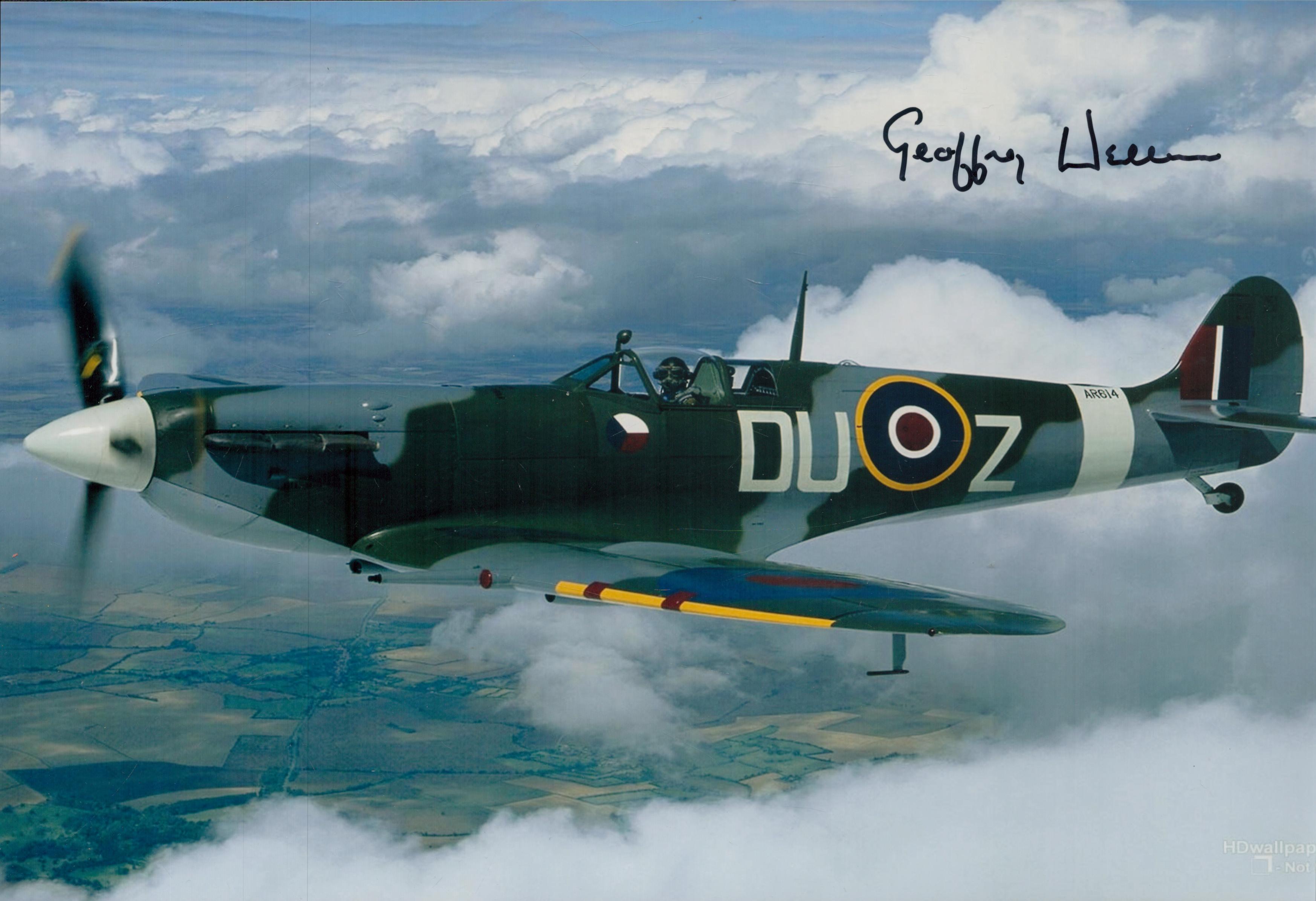 WW2 Geoffrey Wellum Battle of Britain RAF fighter pilot signed Spitfire photo. 12 x 8 colour hand