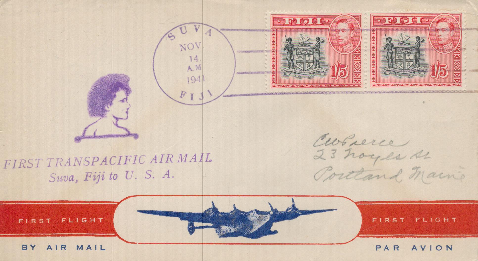 Aviation 1941 first flight Suva to USA Fiji illustrated Airmail cover, 2 x 1/5 red stamps cachets