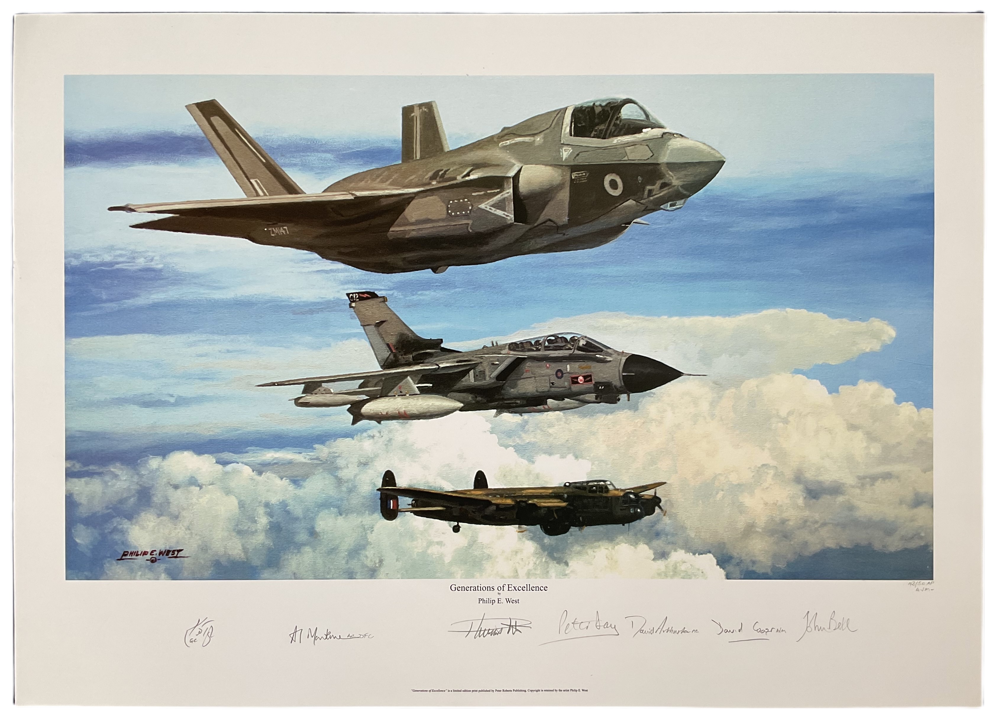 RAF Tornado Lancaster bomber multiple signed Phillip West print Generations of Excellence. Limited
