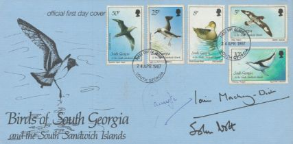 Falklands War 1987 multiple signed South Georgia Birds FDC. Unique cover autographed by Mjr Gen Iain