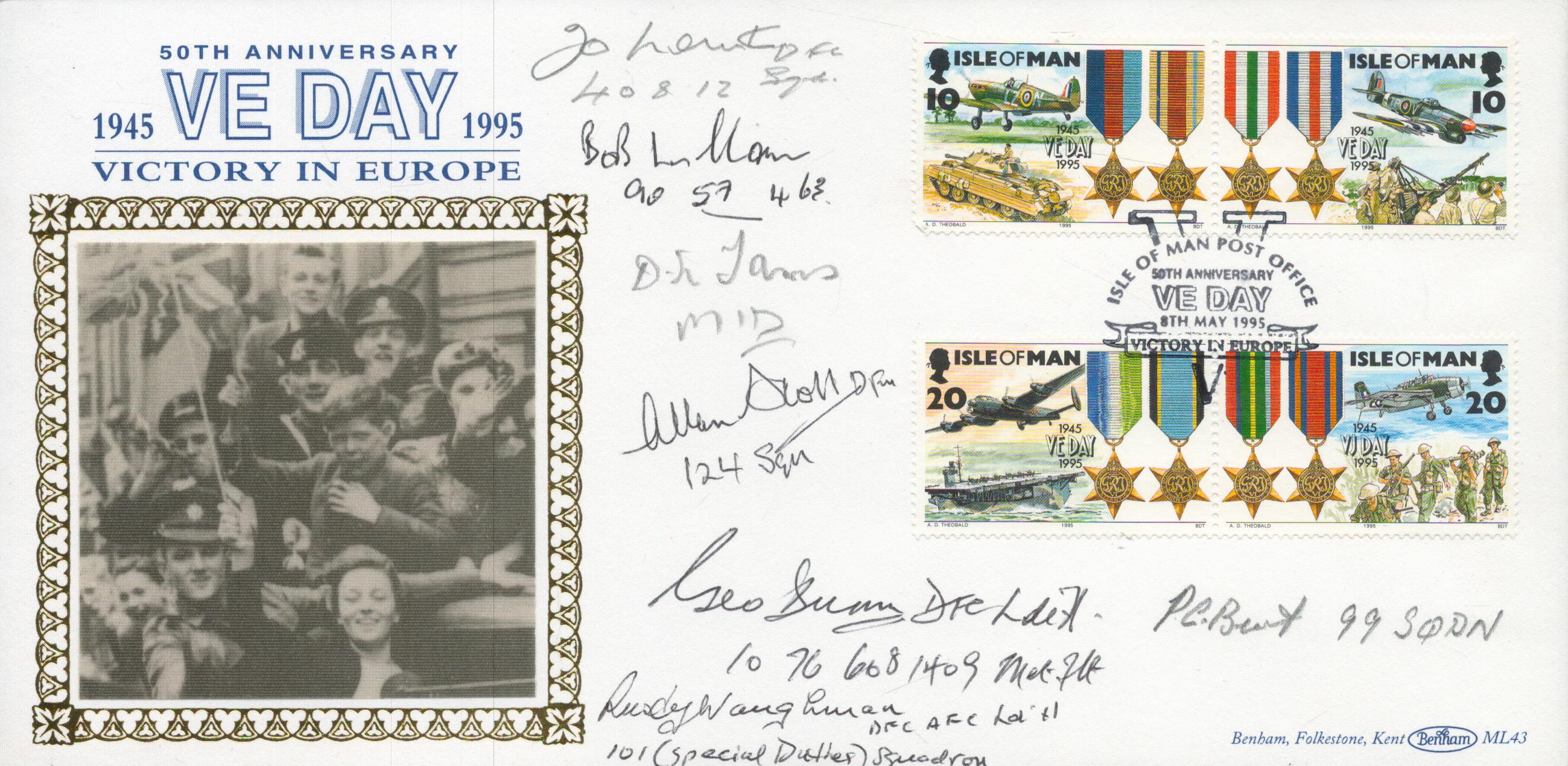 WW2 Seven Bomber command veterans signed rare Benham 50th ann Victory in Europe Isle of Man FDC.