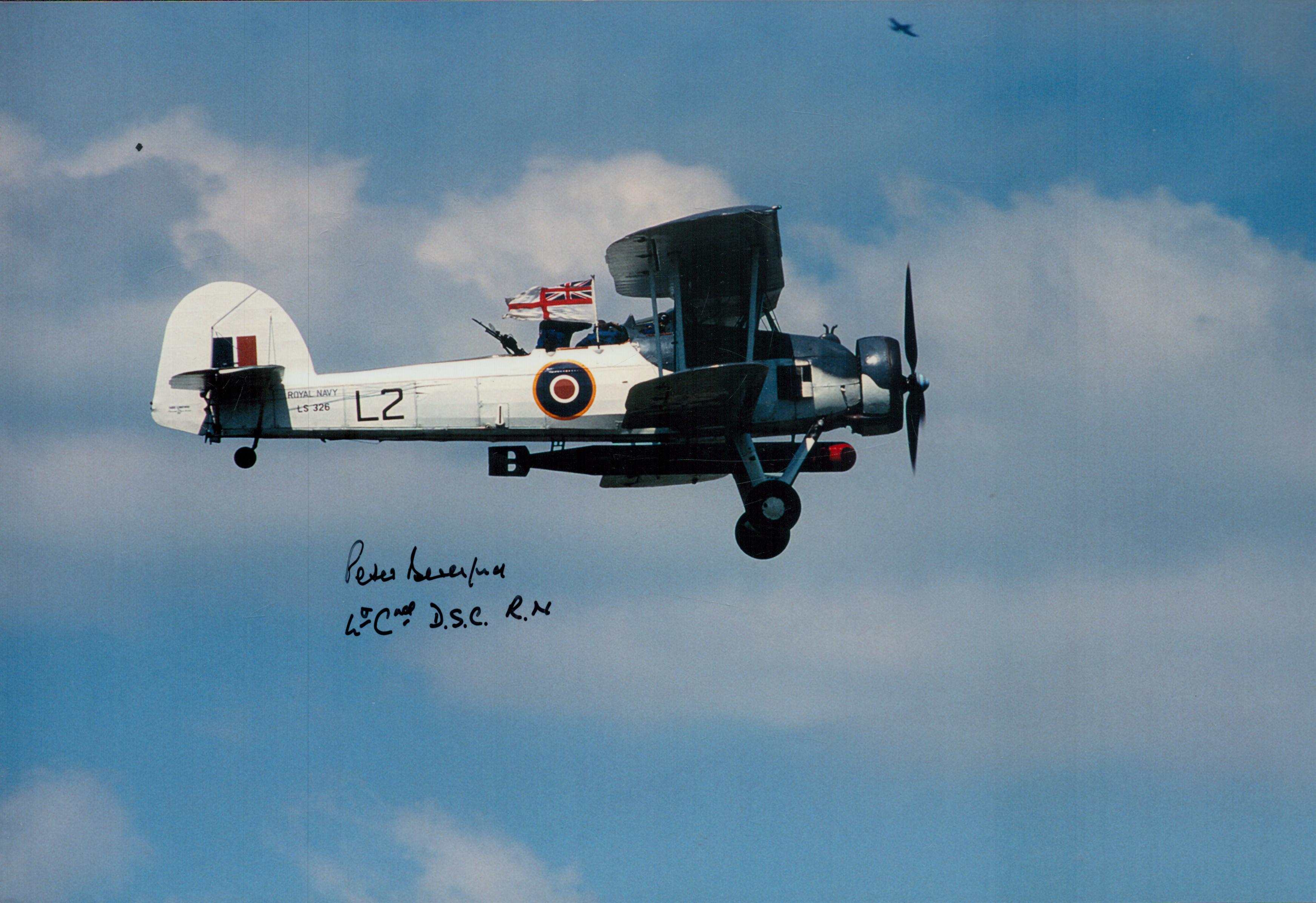 WW2 Lt Cdr Peter Beresford DSC signed 12 x 8 inch colour photo of a Swordfish in flight.