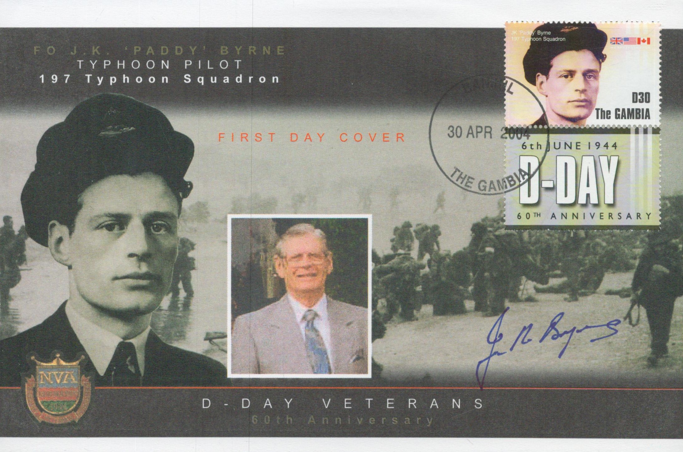 WW2 D-Day veteran J K Paddy Byrne 197 Typhoon Sqn pilot signed 2004 60th ann D-Day cover dedicated