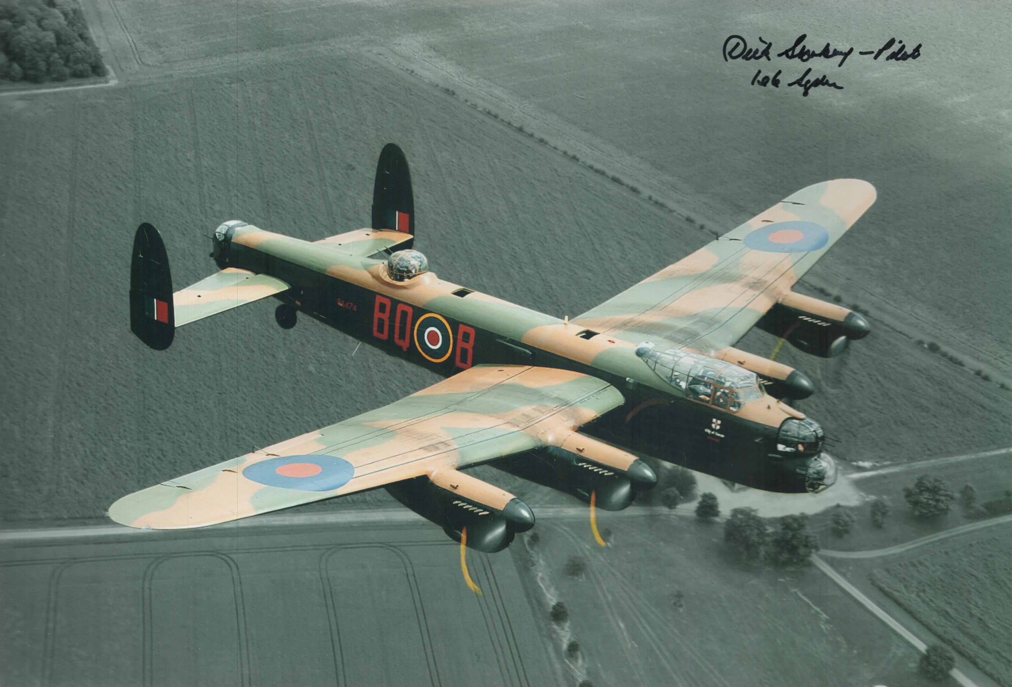 WW2 Richard Starkey 106 sqn bomber command signed stunning 12 x 8 inch colour Lancaster in flight