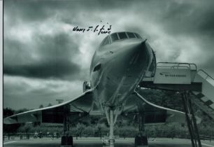 Concorde early pilot Capt Harry Linfield signed stunning 12 x 8 b/w photo. Concorde pilot Captain