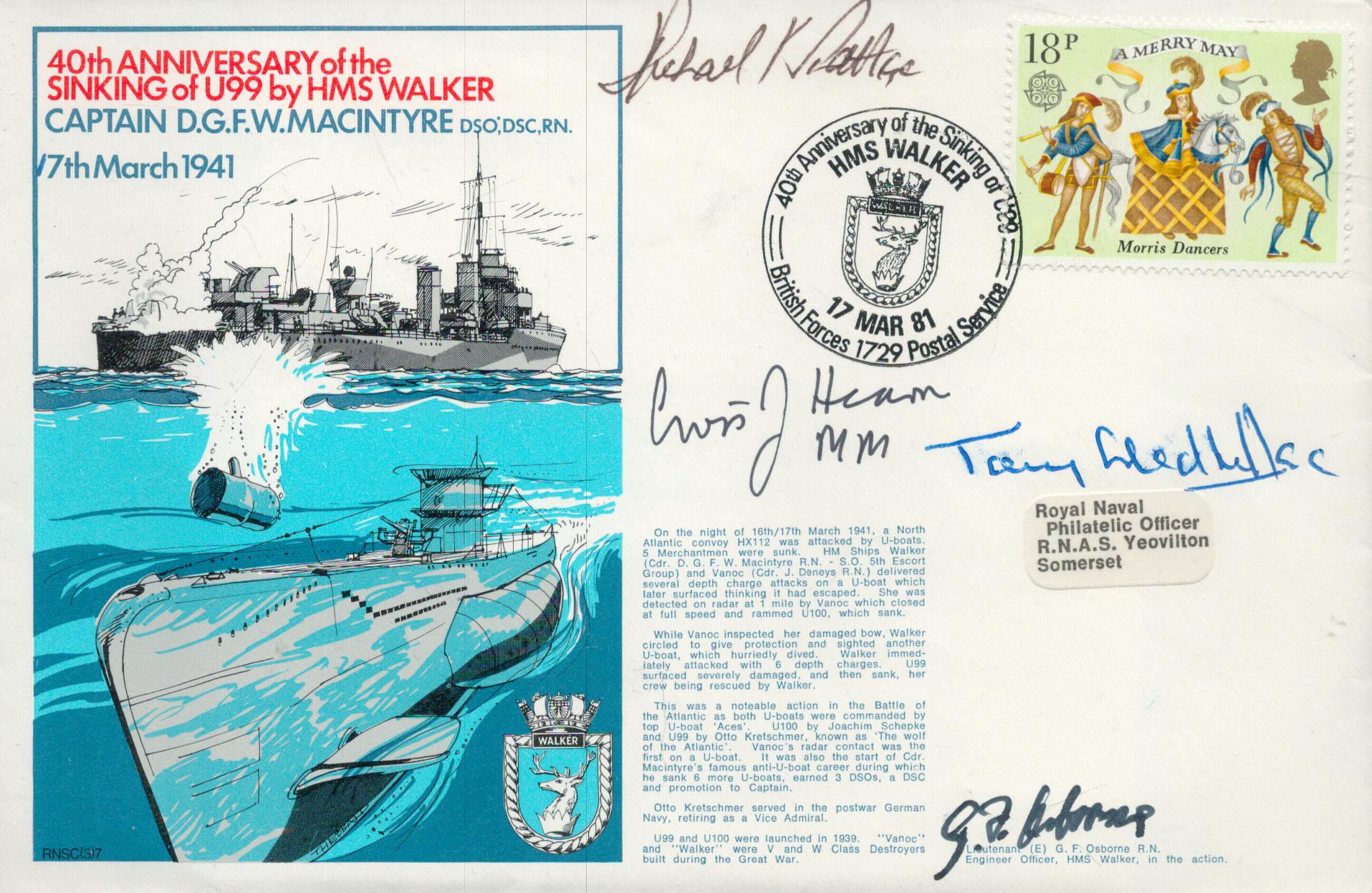 HMS Walker Sinking U99 multiple signed official Navy cover. Signed originally by ship veteran Lt