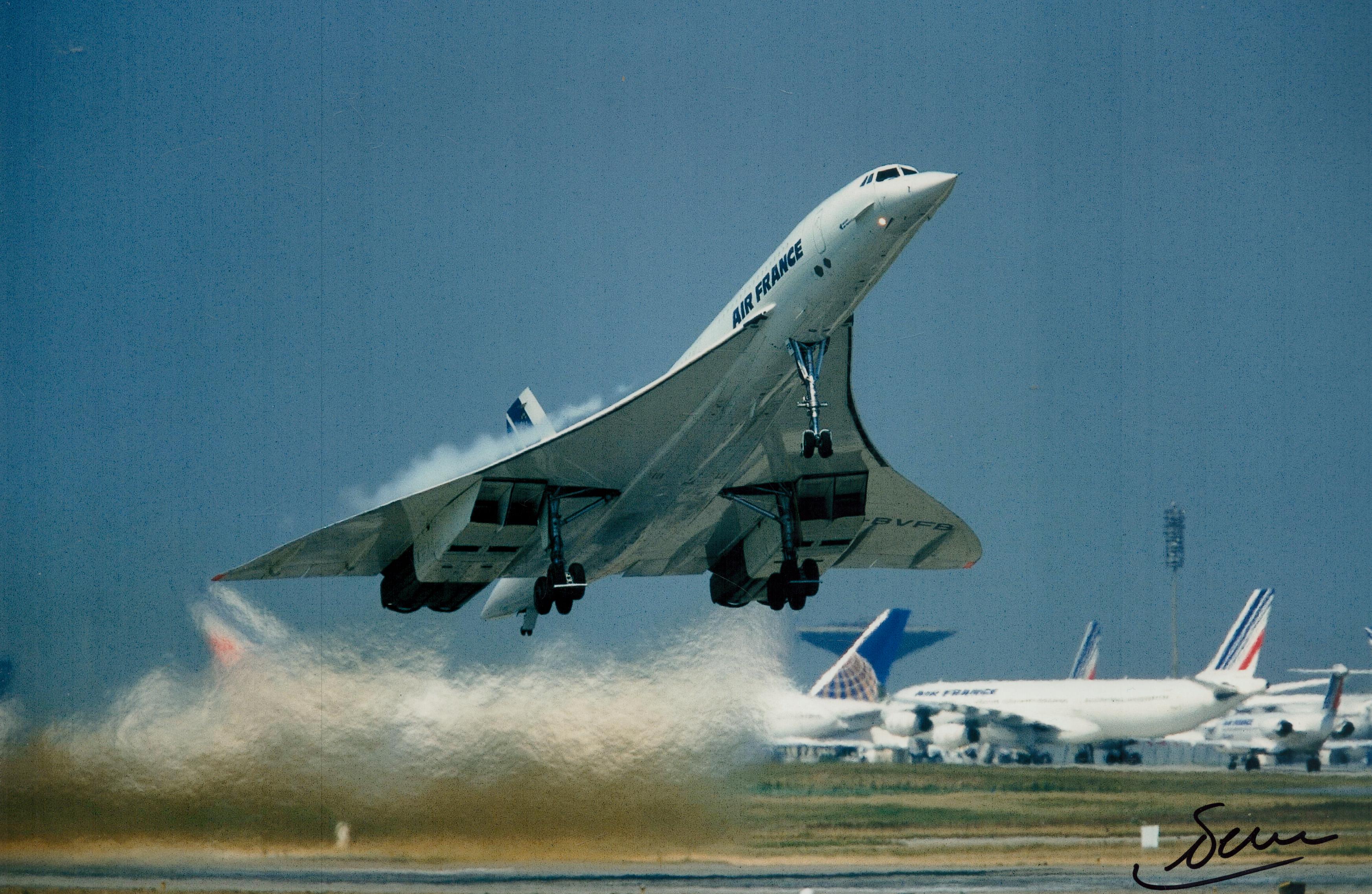 Concorde Early French test pilot Gilbert Defer signed Air France 12 x 8 inch colour Take off