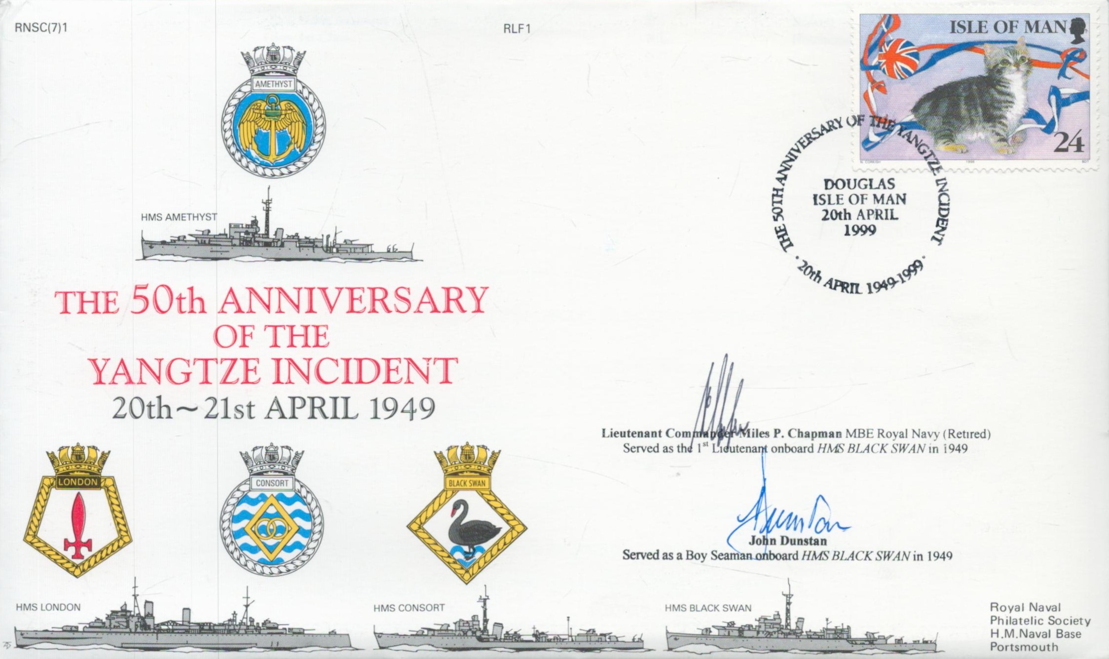 Yangtse River Incident 50th ann official Navy cover signed by action veterans HMS Black Swan, Lt Cdr