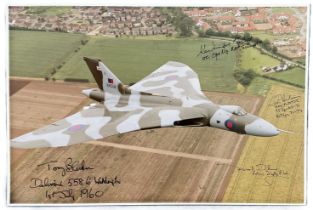 Vulcan bomber multiple signed stunning 16 x 12 colour photo in flight. Autographed by Tony Blackman,