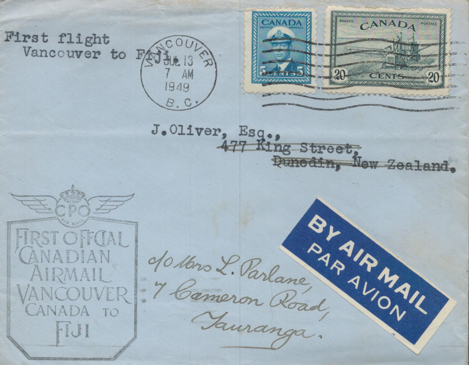 Aviation 1949 First flight cover Vancouver to Fiji with cachet, Vancouver CDS postmark and 2 on back