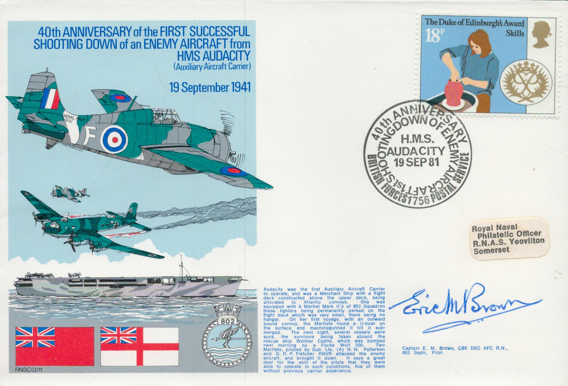 WW2 test pilot Eric Winkle Brown DSC AFC signed official 40th ann HMS Audacity 1st aerial victory