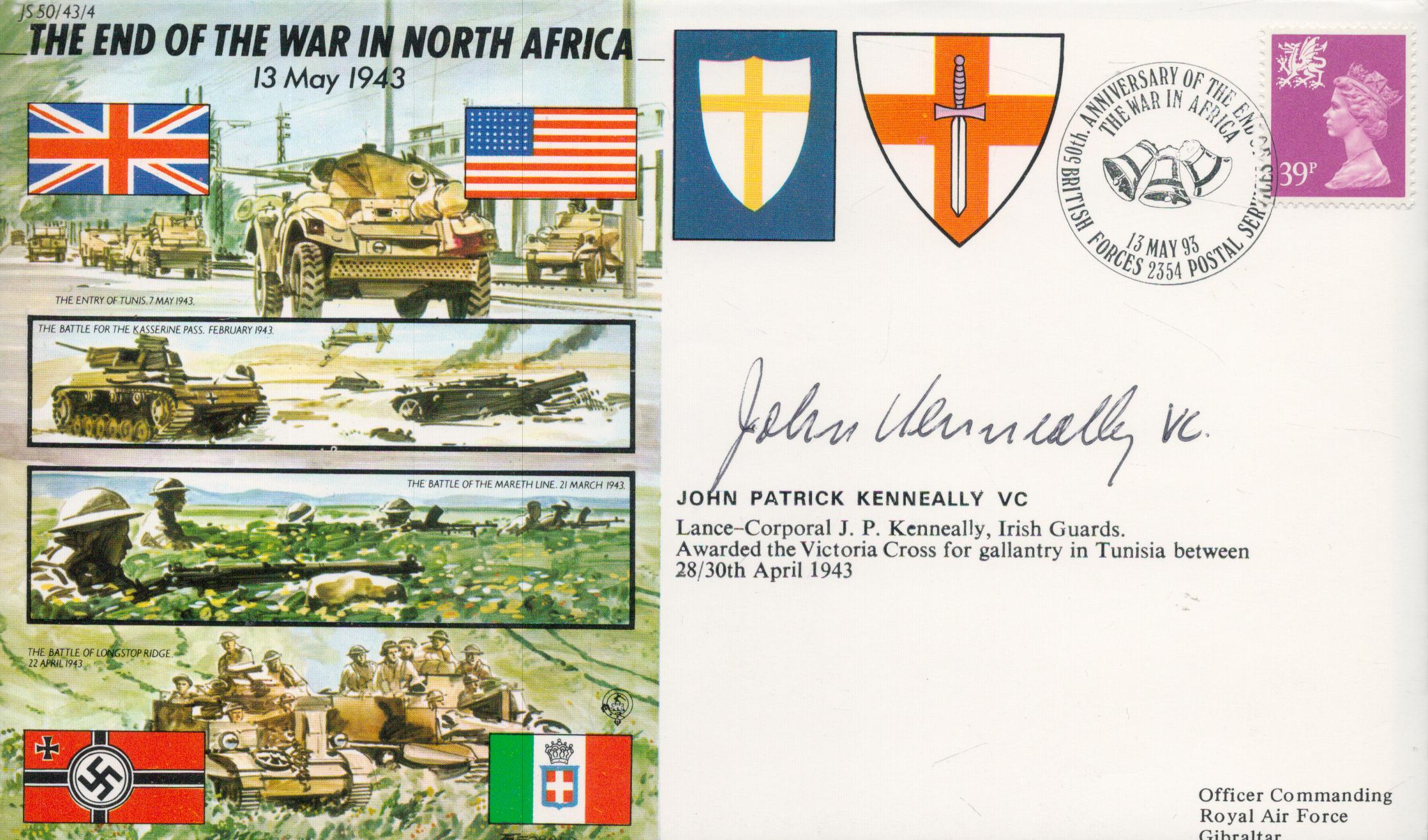 John Kenneally VC Victoria Cross winner signed 50th ann WW2 cover End of the War in North Africa