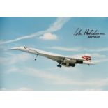 John Hutchinson Concorde captain signed 12 x 8 colour photo. Super image with dropped snoop nose and