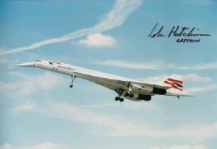 John Hutchinson Concorde captain signed 12 x 8 colour photo. Super image with dropped snoop nose and