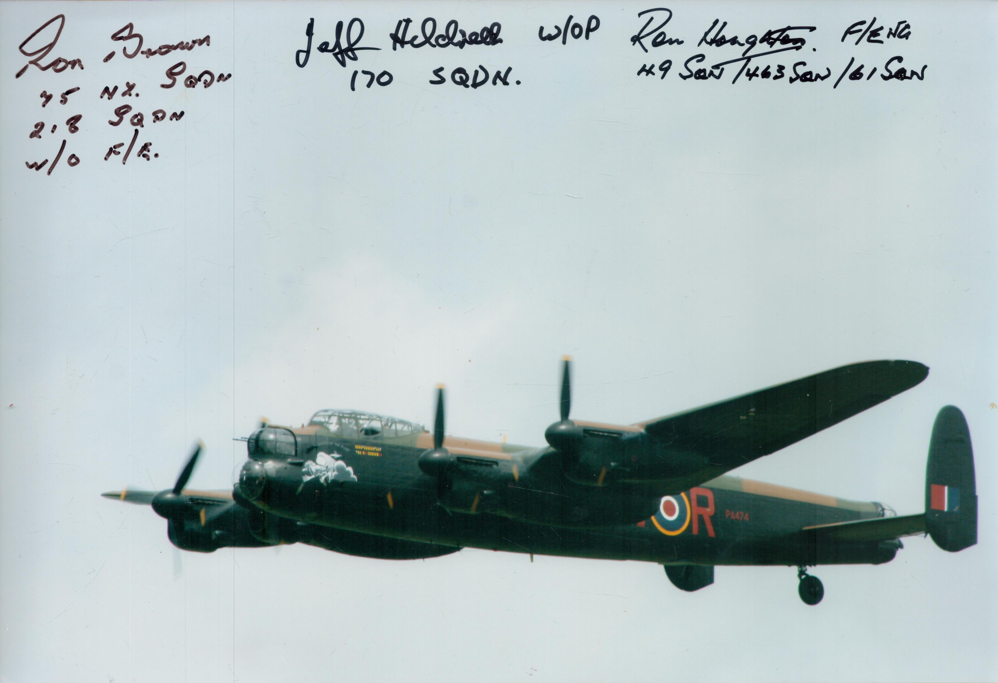 WW2 multiple signed 12 x 8 inch colour Lancaster Bomber in flight photo. Autographed by RAF veterans