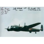 WW2 multiple signed 12 x 8 inch colour Lancaster Bomber in flight photo. Autographed by RAF veterans