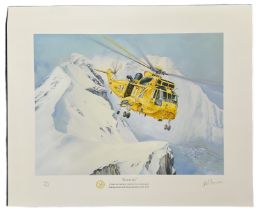 RAF Lossiemouth Search and Rescue Helicopter print signed by Neil Foggo. Title Rescue 137, 20 x 17