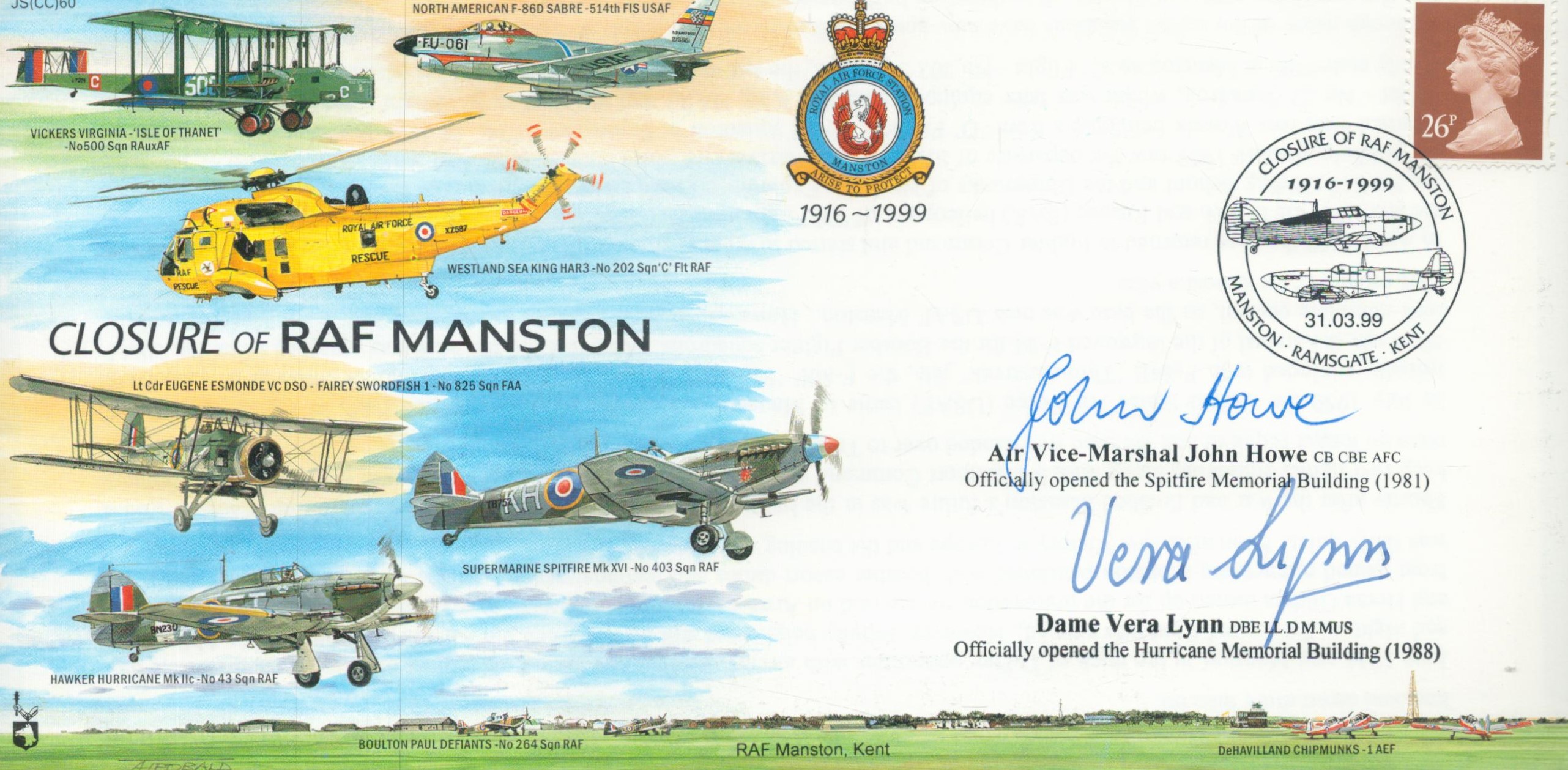 Dame Vera Lynn WW2 signed RAF Manston flown cover, scarce variety also signed by AVM John How CBE
