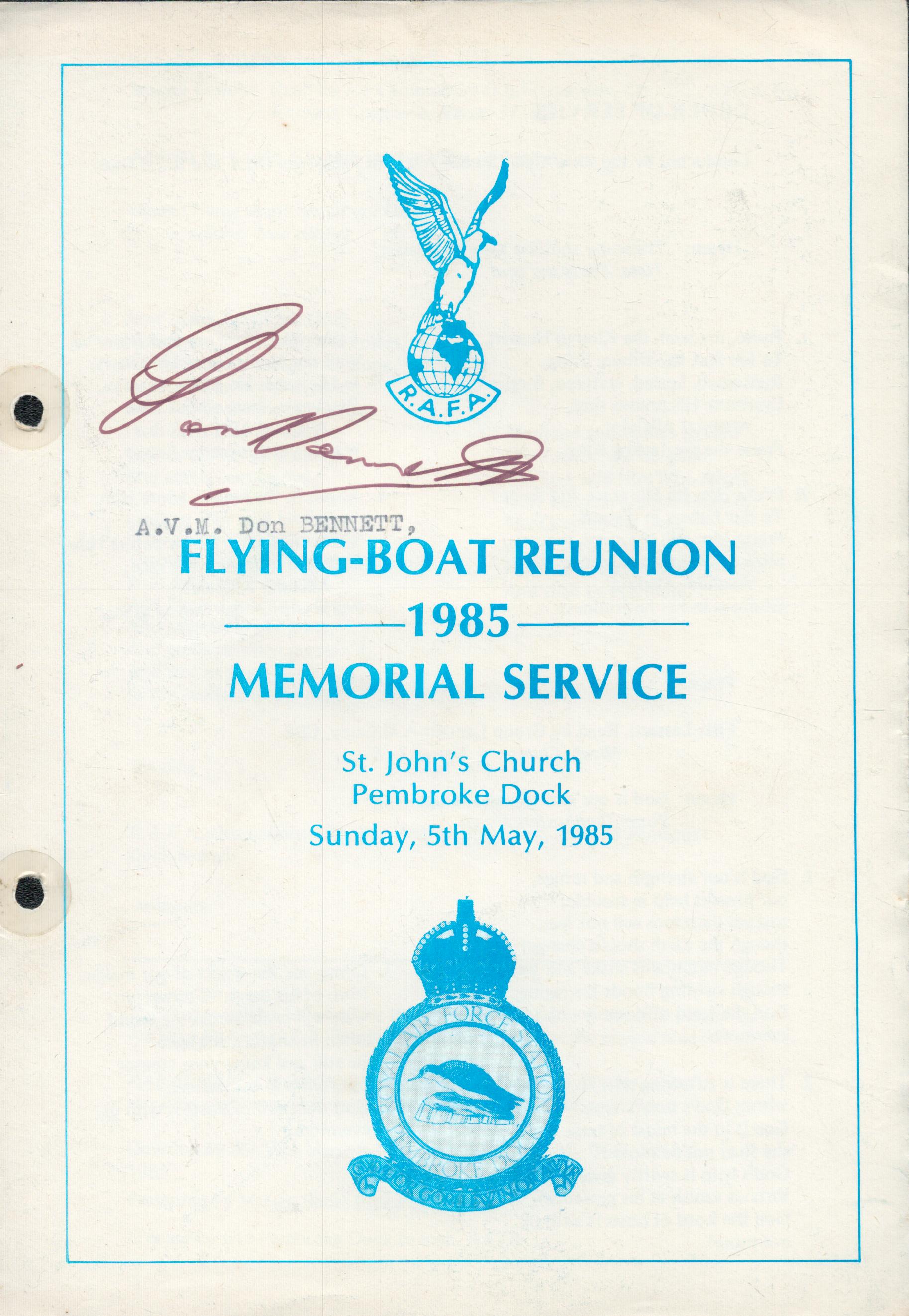 WW2 Pathfinders CO AVM Don Bennett signed rare 1985 Flying Boat reunion Memorial Service