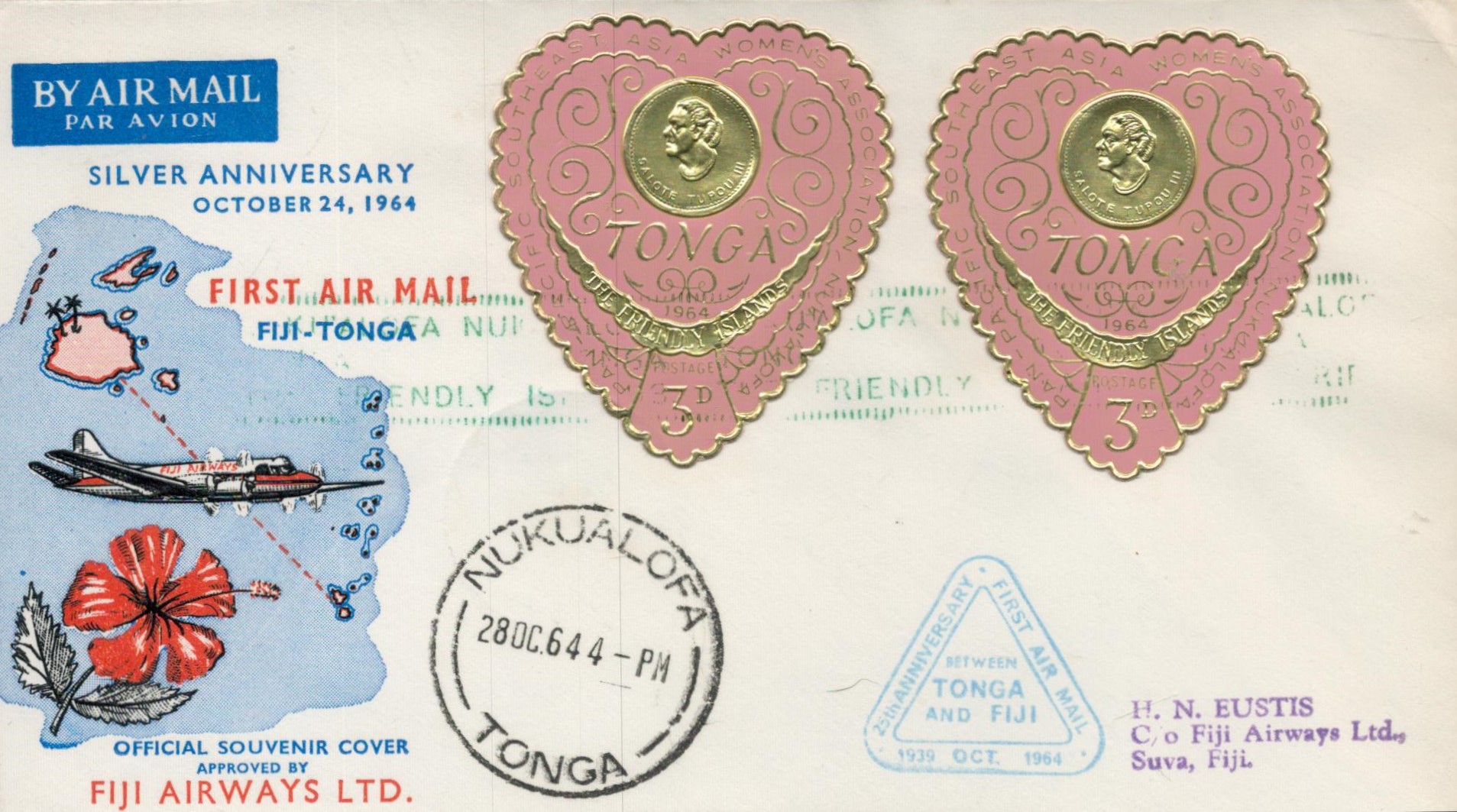 1964 rare First Flight cover FFC from Suva Fiji to Nukualofa Tonga . With 2 3d Pink anniversary blue