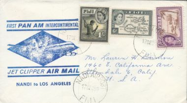 Aviation 1959 First Pan American flight cover Nandi to Los Angeles, 1/s, 6d,3d Fiji Stamps,