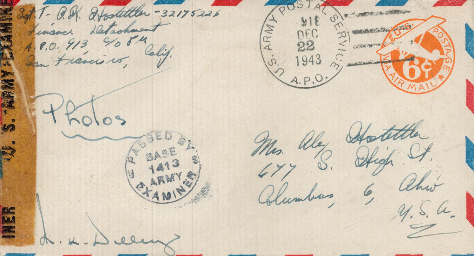 1943 Censor Air mail envelope US Army postal Service APO postmark, Passed by Examiner Base 1413 Army