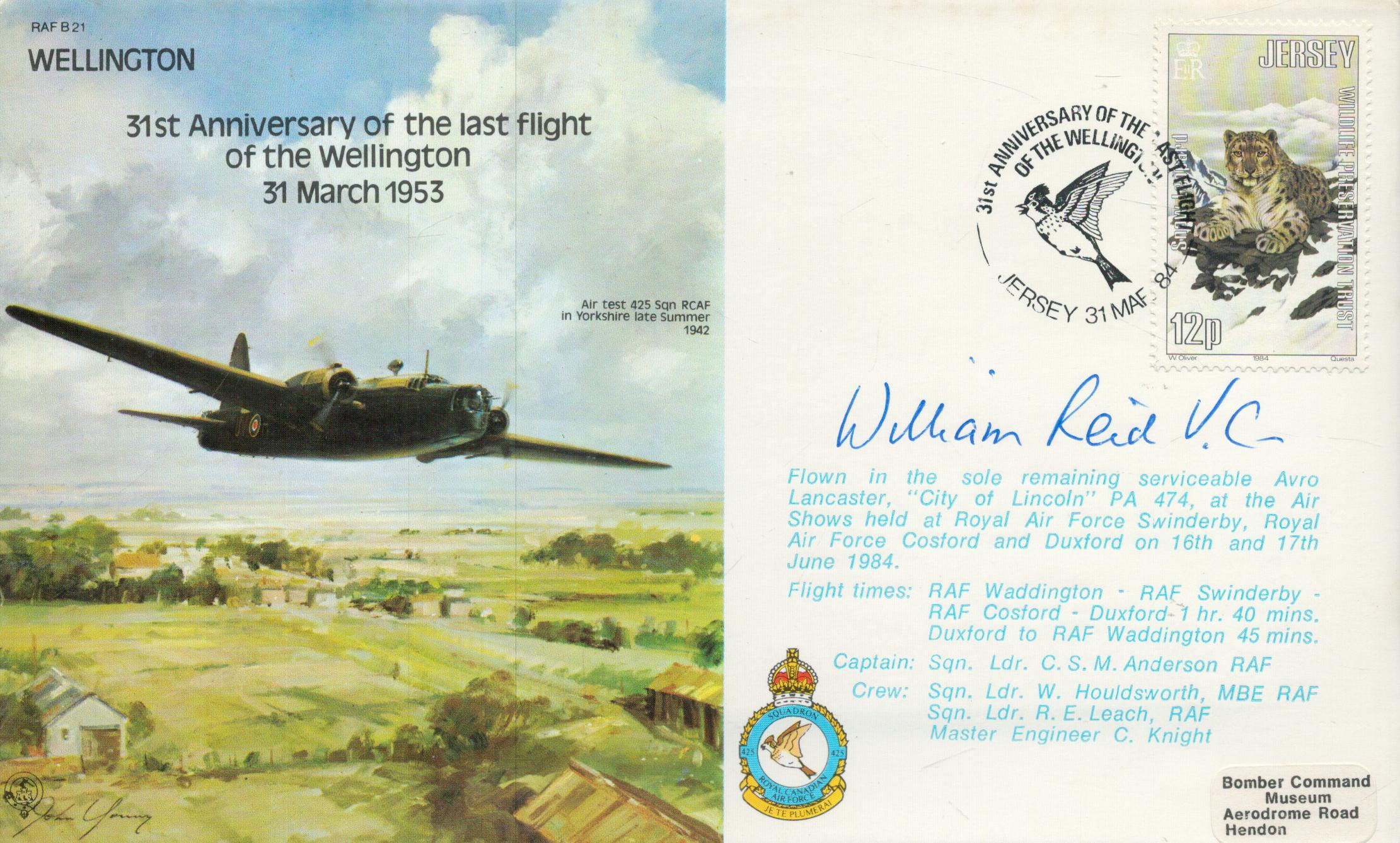 WW2 Bill Reid VC Victoria Cross winner signed Wellington bomber cover. At the age of 22 Reid was
