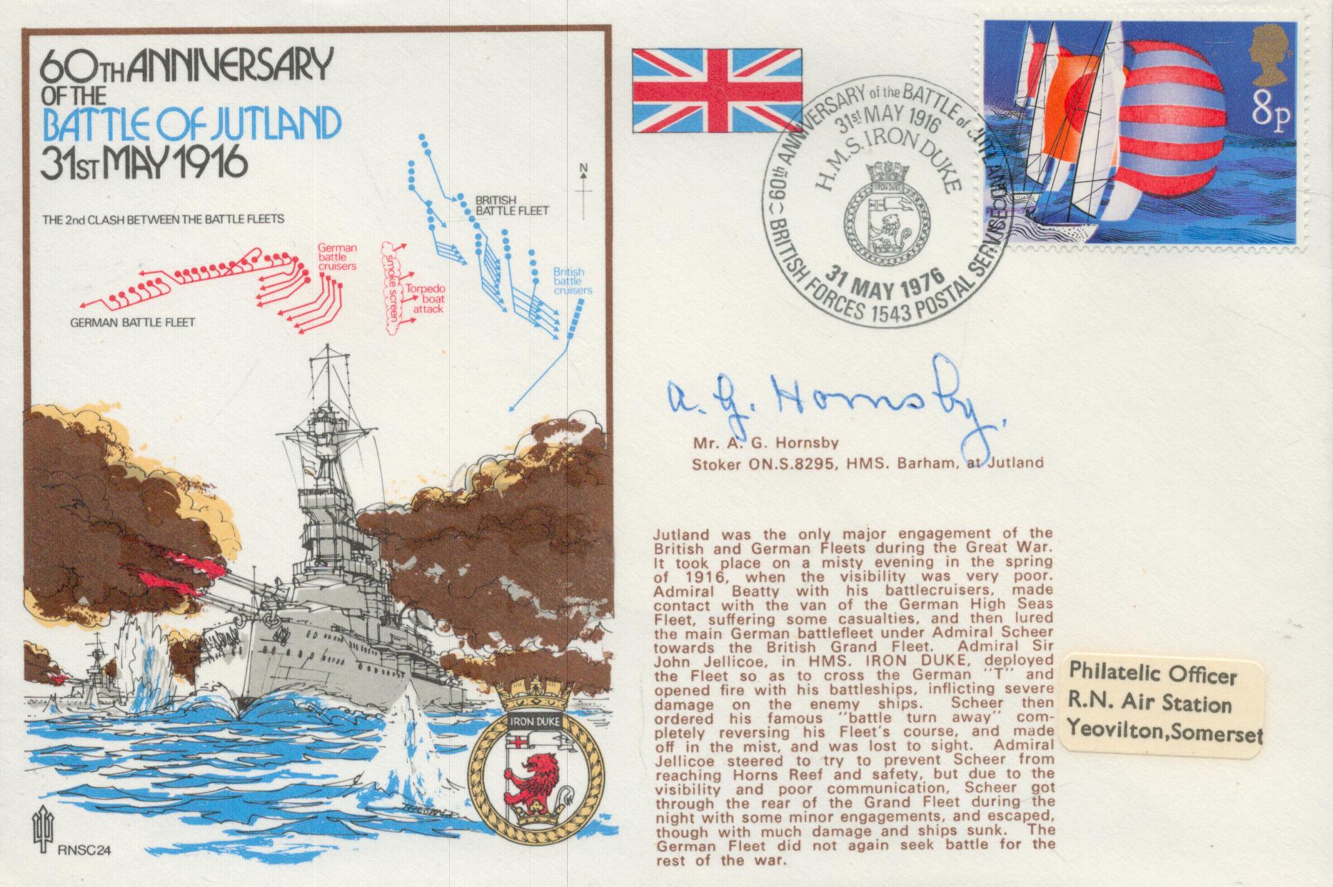 Great War veteran A Hornsby HMS Barham 1916, signed official 1976 , 60th ann Battle of Jutland