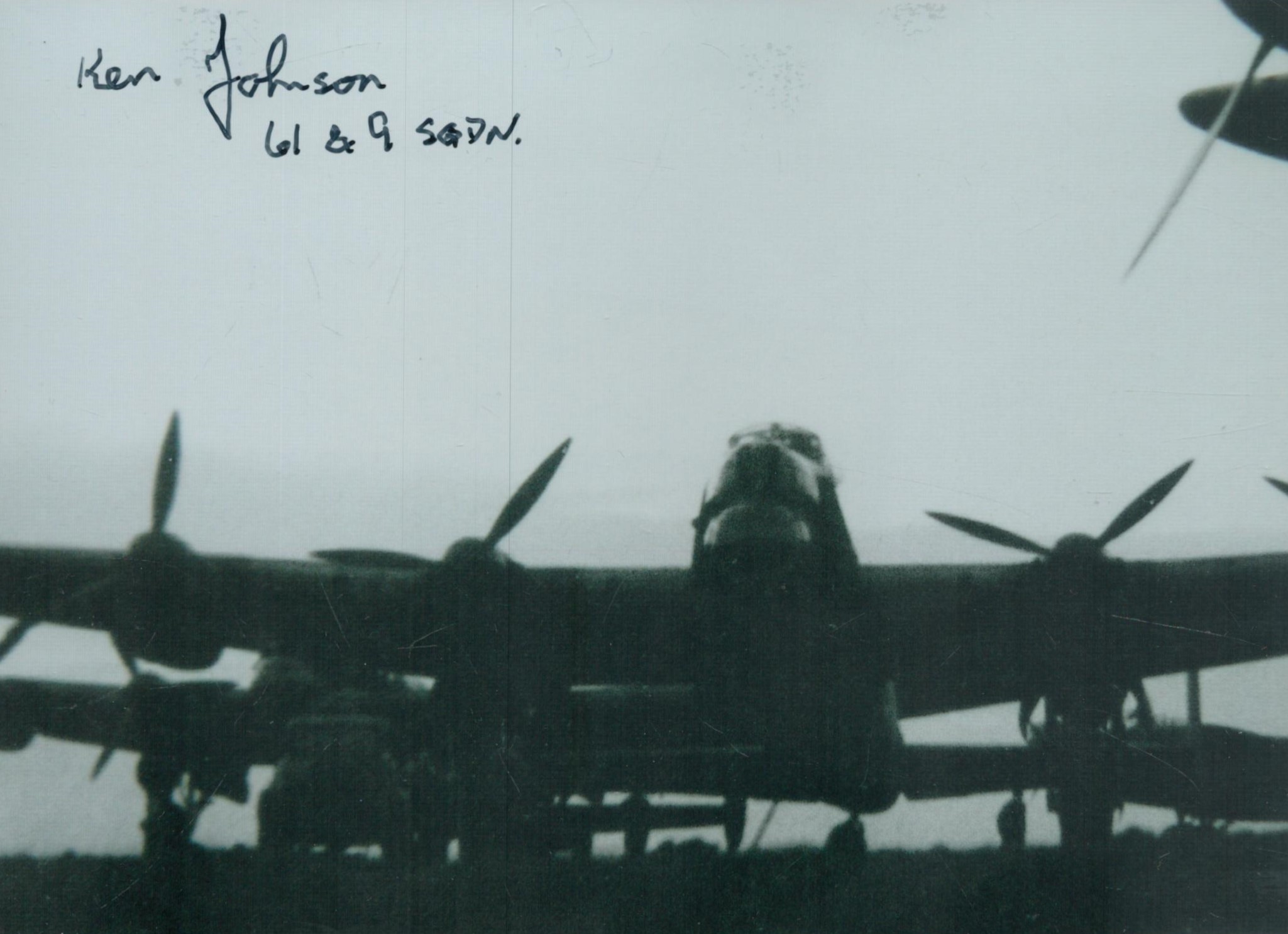 WW2 W/O Ken Johnson 61/9 sqn bomber command veteran signed 6 x inch b/w Lancaster photo. Good