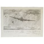 WW2 multiple signed Lancaster print Evasive Action by Stephen Teasdale. It is a highly detailed