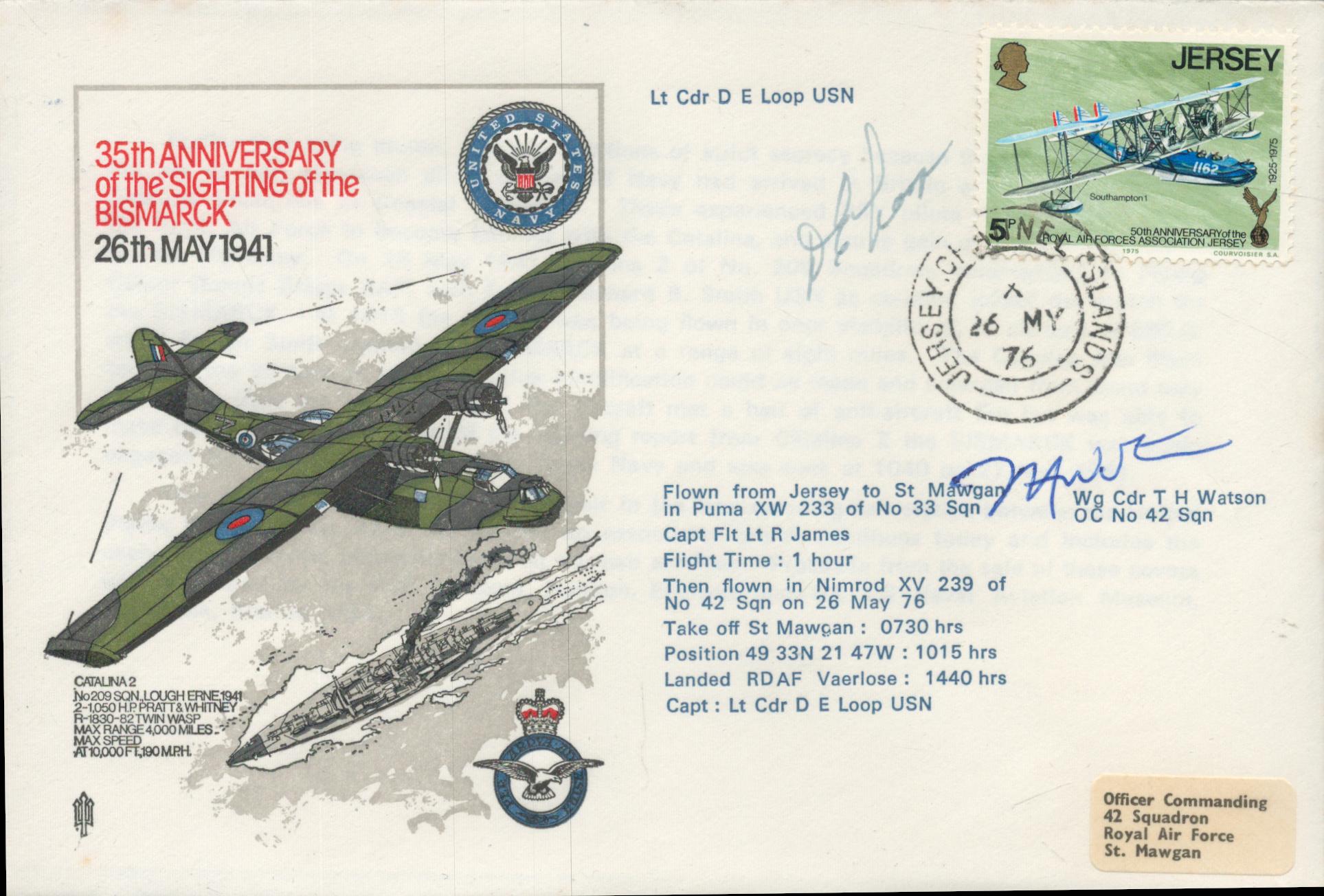 WW2 sighting of German Battleship Bismarck 35th ann cover 1976 flown by Puma and signed by Wg Cdr