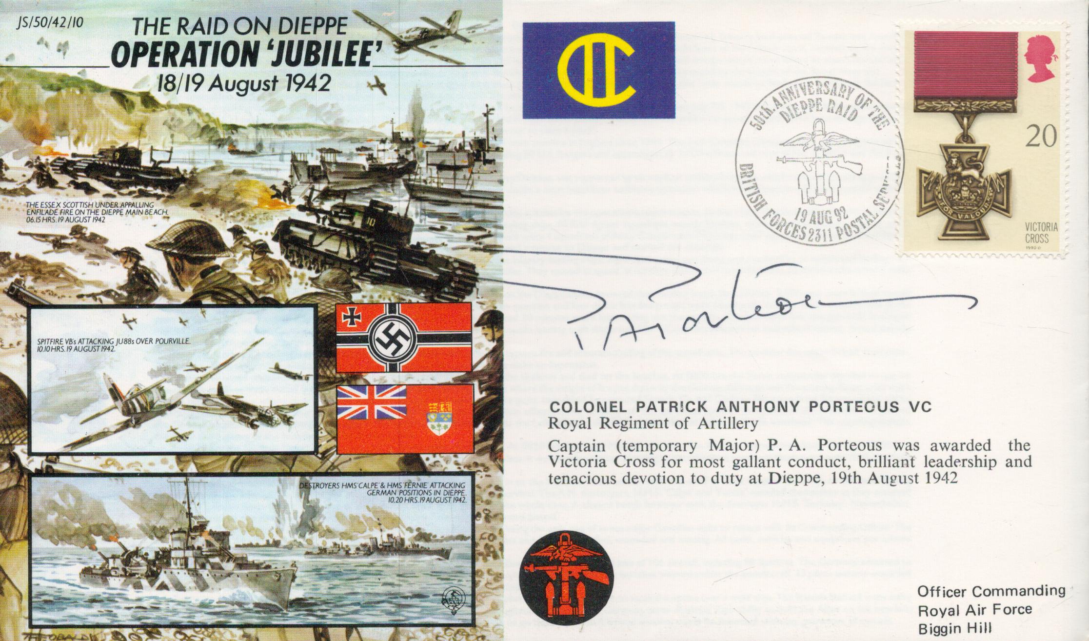 Col Patrick Porteous VC Victoria Cross winner signed 50th ann WW2 cover Operation Jubilee the Raid