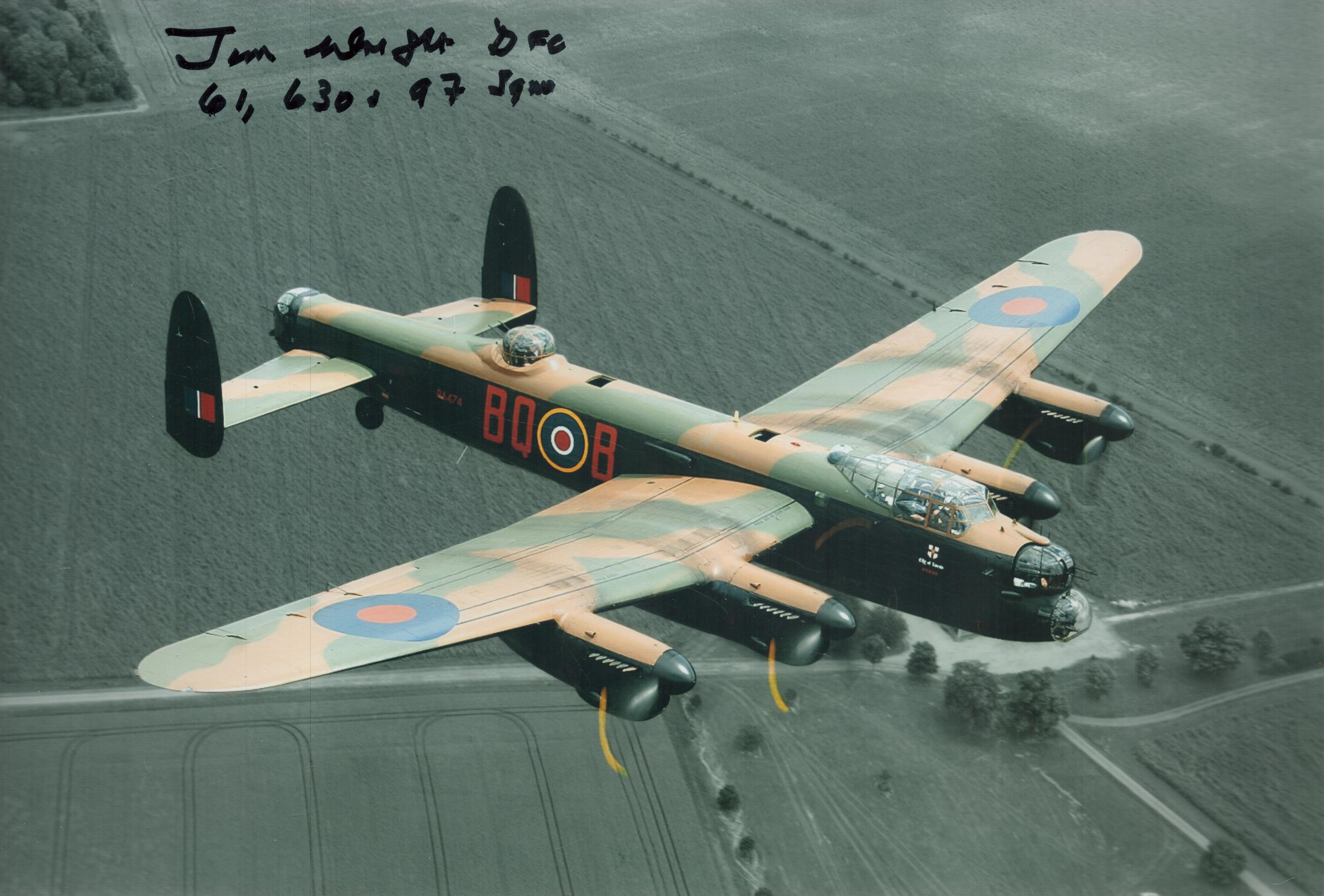 WW2 Jim Wright DFC 61, 630, 97 sqn bomber command signed stunning 12 x 8 inch colour Lancaster in