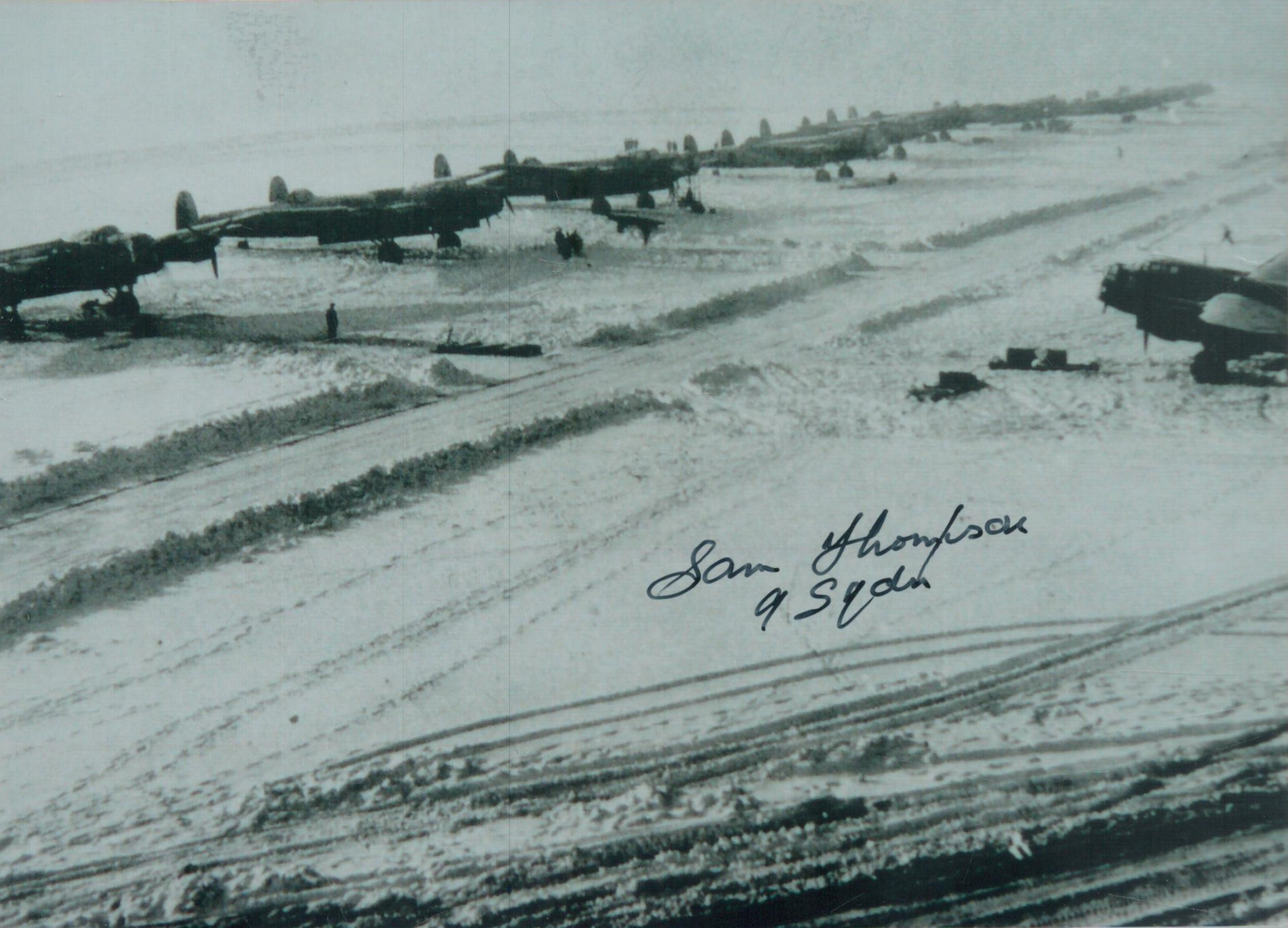 WW2 W/O Sam Thompson 103/9 sqn bomber command veteran signed 6 x inch b/w Lancasters in row photo.