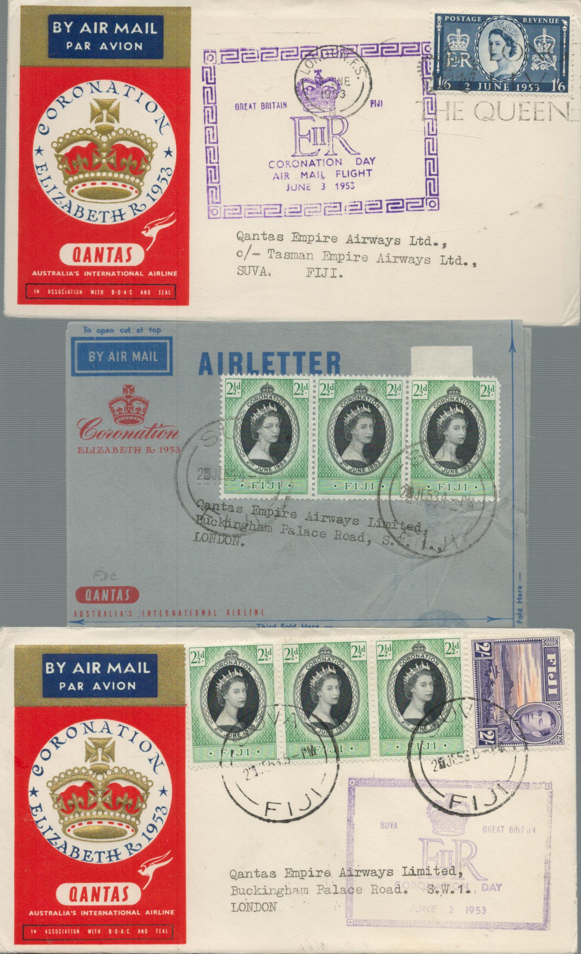 1953 Qantas Airmail Coronation flight cover collection. Four covers and two airletters, Includes