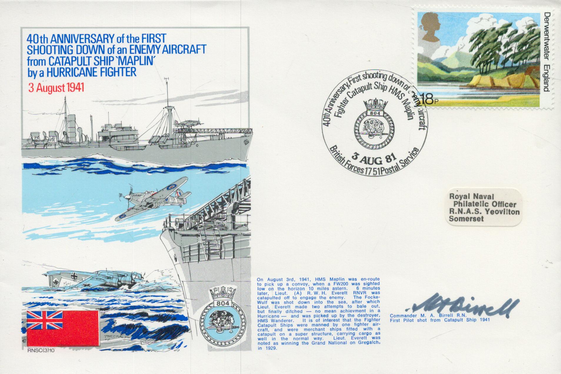 Rare Battle of Britain pilot Cdre M Birrell signed 1981 official Navy cover comm, shooting down of