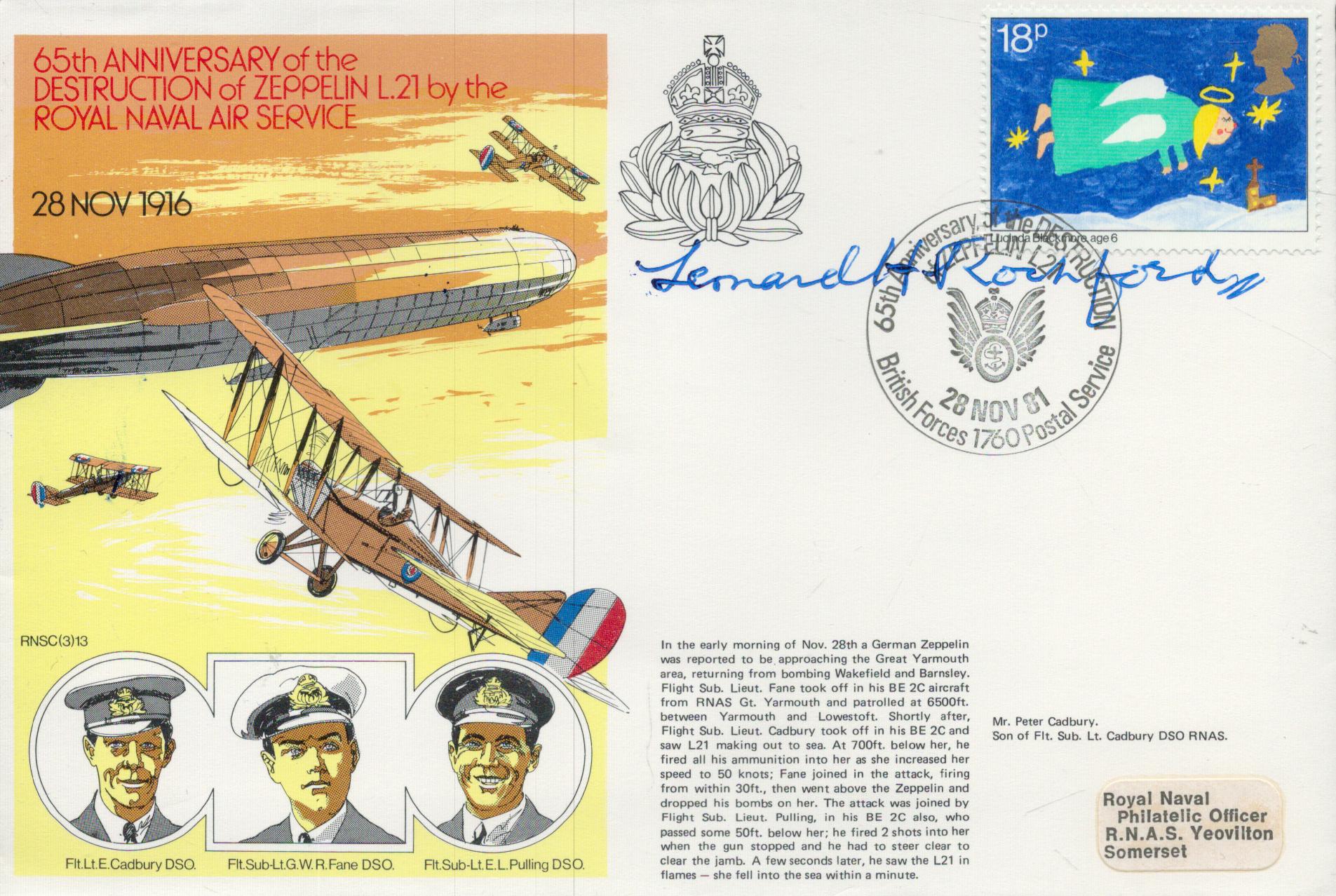 Great War fighter ace Leonard Rochford DSC signed 1981, official Navy cover comm. 65th ann of