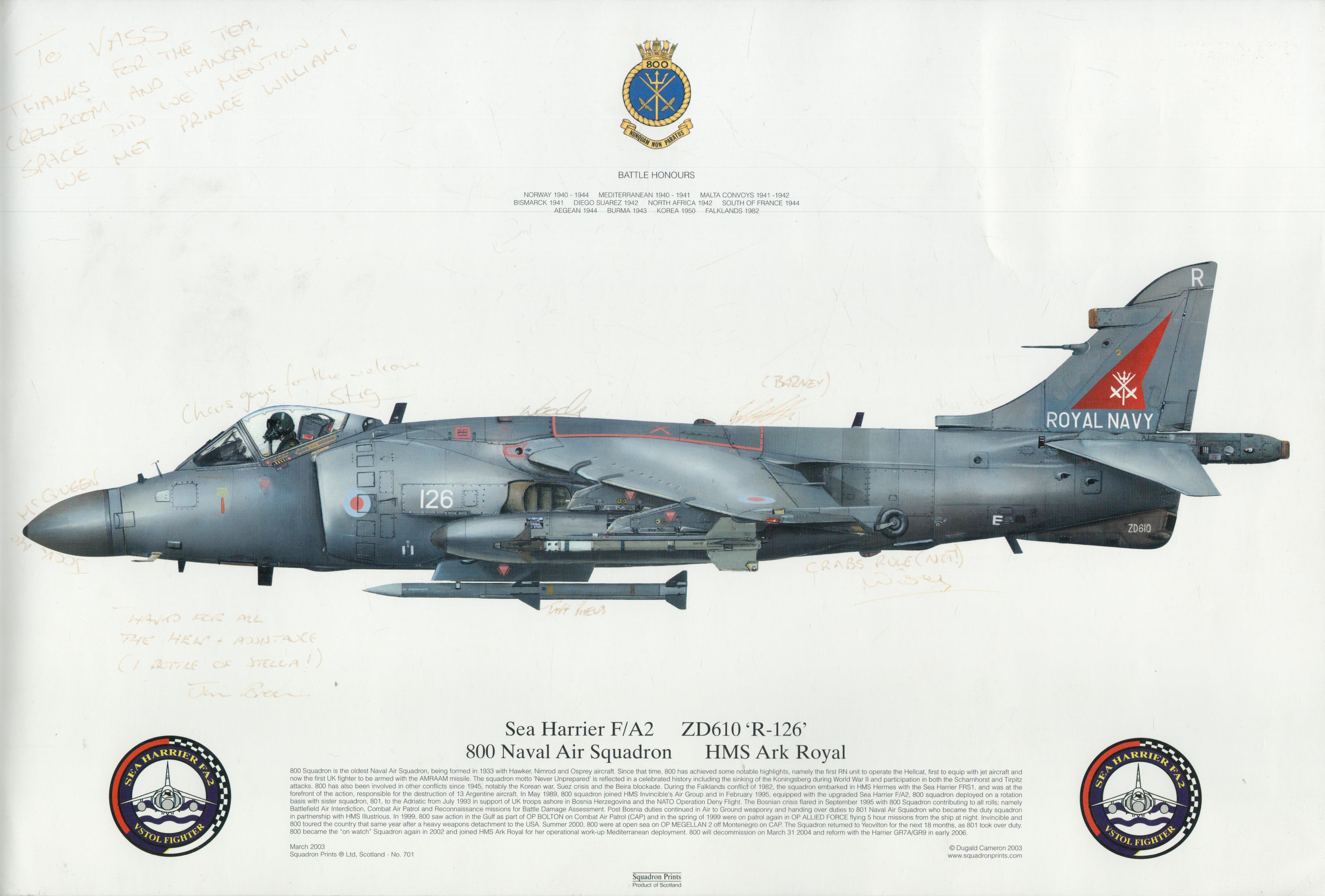 Nine Sea Harrier flight and ground crew signed 16 x 12 inch 800 Naval Air Sqn Squadron print.