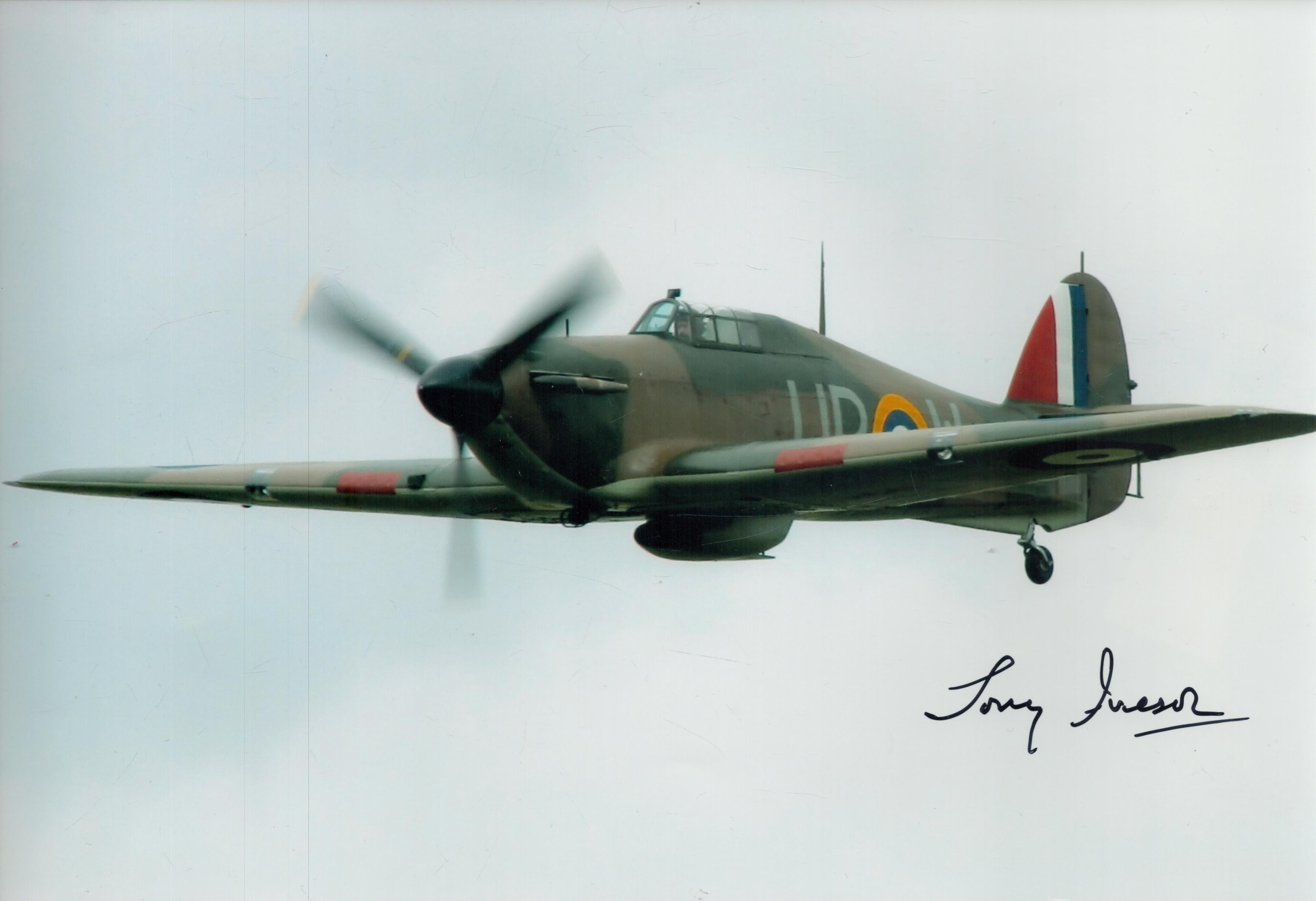 Battle Britain pilot Tony Iveson signed colour Hurricane photo WW2 RAF 617 sqn. 12 x 8 colour hand