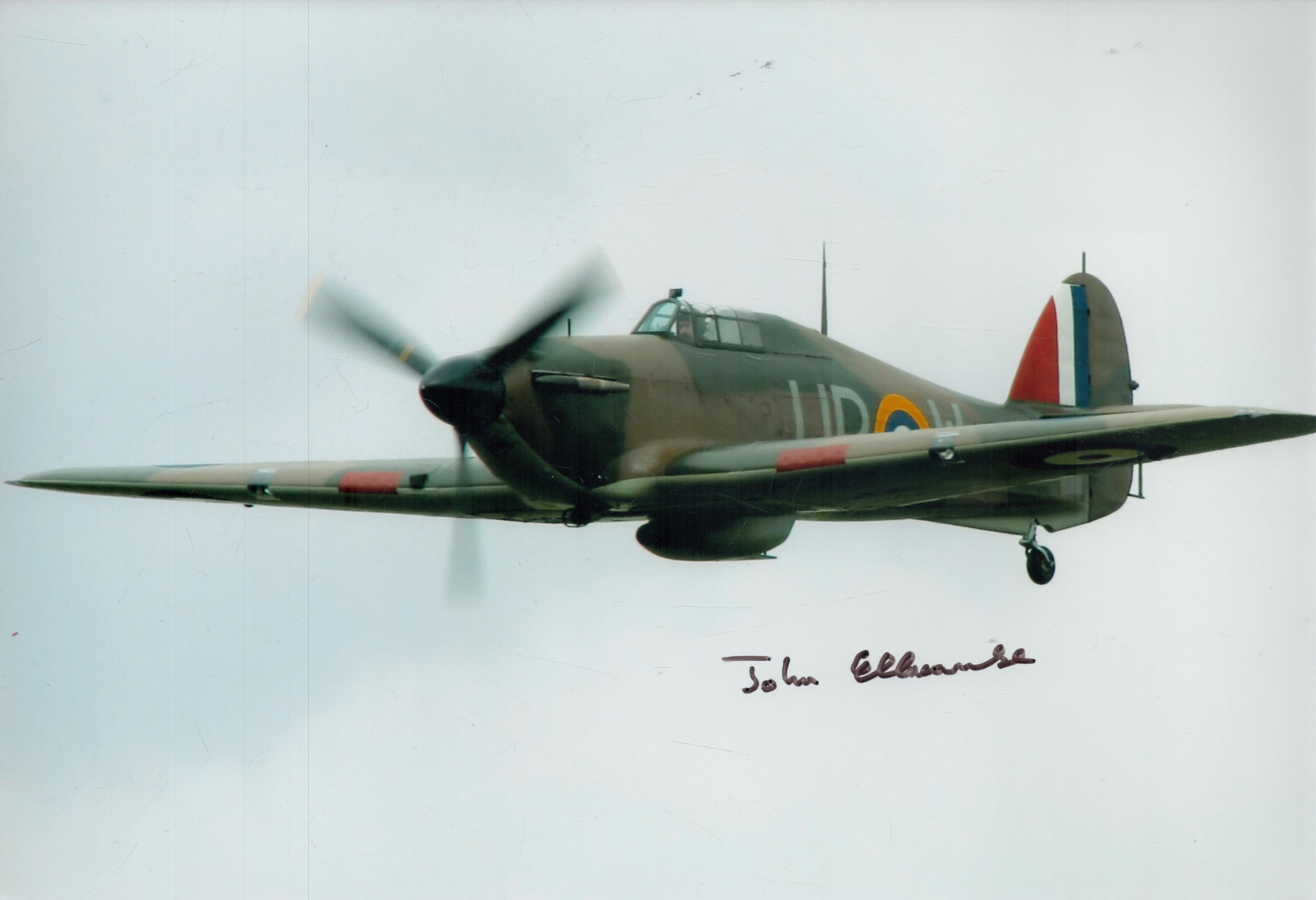 John Ellacombe DFC Battle Britain WW2 RAF fighter pilot signed Hurricane photo. 12 x 8 colour hand