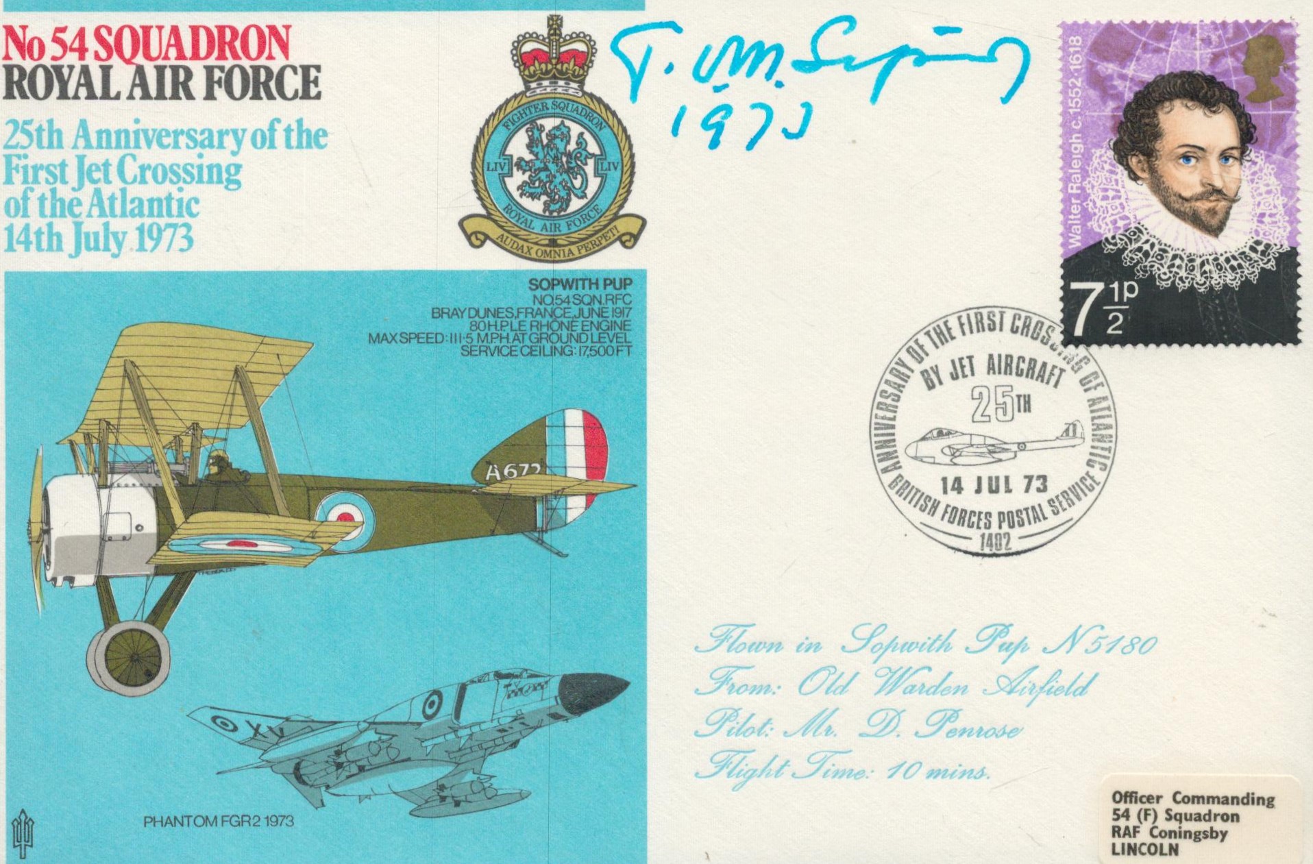 Aviation legend Sir Tom Sopwith signed 54 sqn Sopwith Pup flown RAF cover. Sopwith became interested