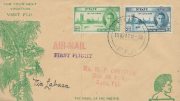 Aviation 1947 Fiji via Labasa Pearl of the Pacific illustrated 1st Air Mail flight cover. 2 1/2d, 3d