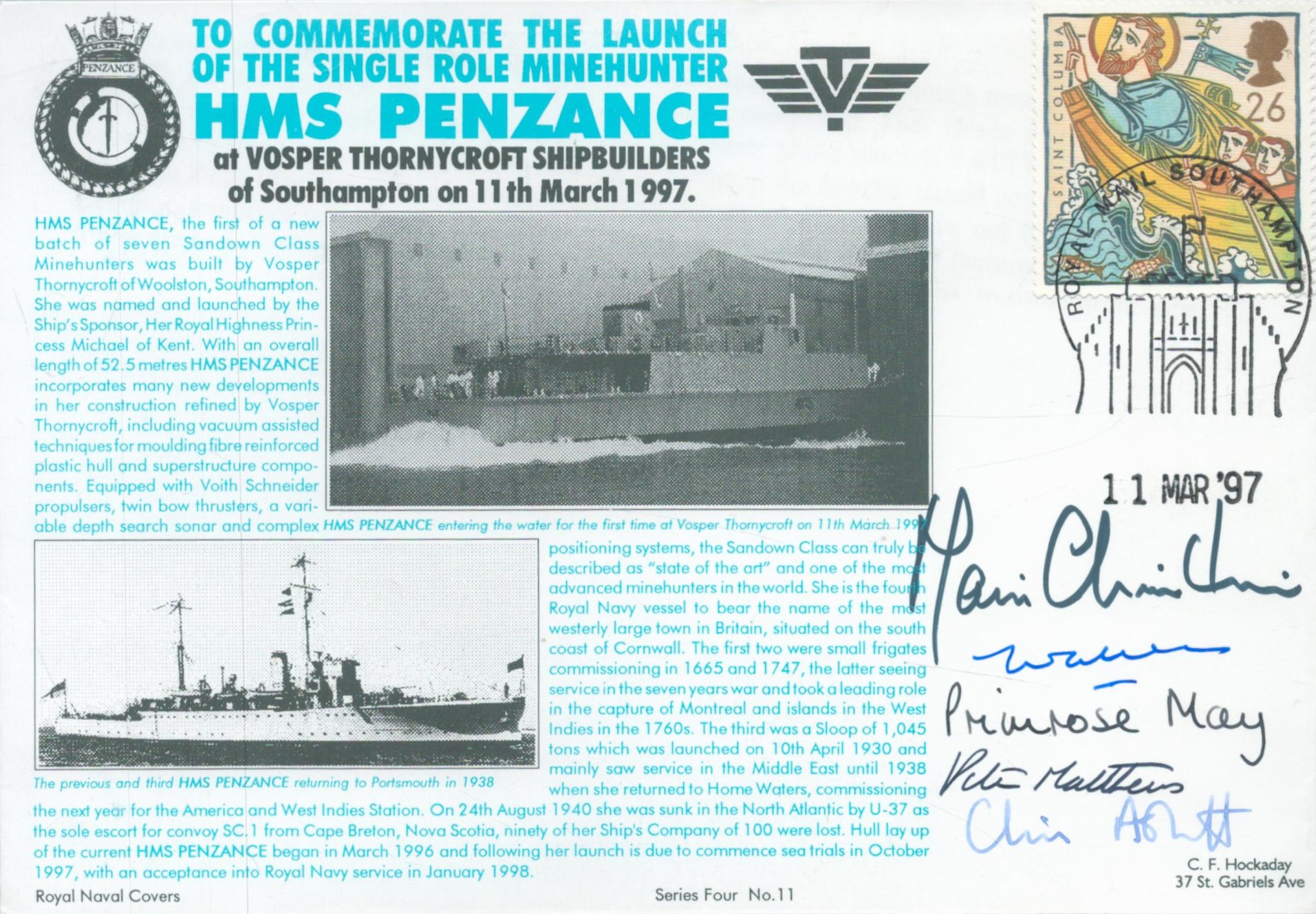 ROYAL NAVY SOUVENIR COVER HMS PENZANCE SIGNED BY PRINCESS MICHAEL OF KENT . Good Condition. All