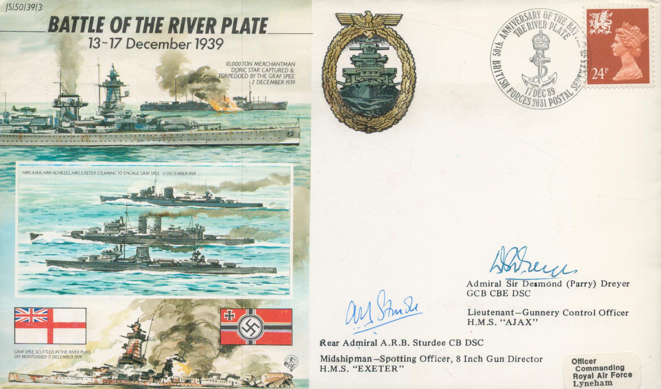 Battle of the River plate double signed 50th ann WW2 cover JS50/39/3. Signed by action veterans